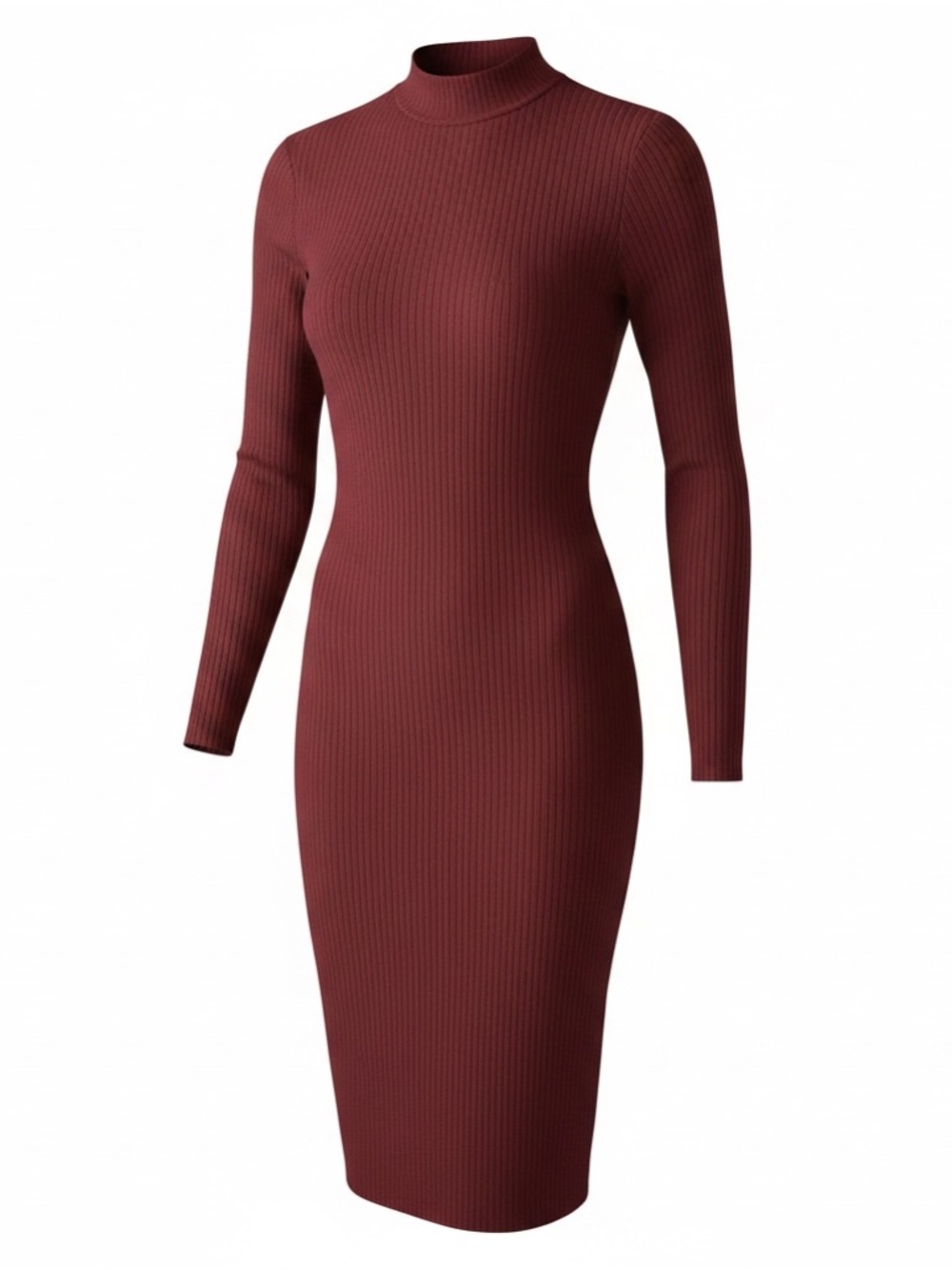 Heart & Hips Ribbed Mock Neck Long-Sleeve Bodycon Dress - Burgundy
